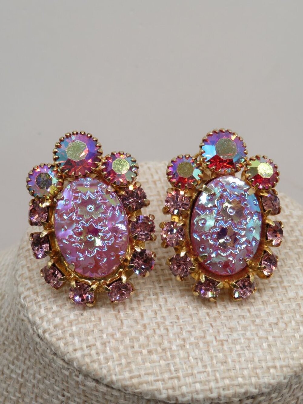 Vintage D&E Juliana Pressed Glass AB Pink Floral Pattern Earrings